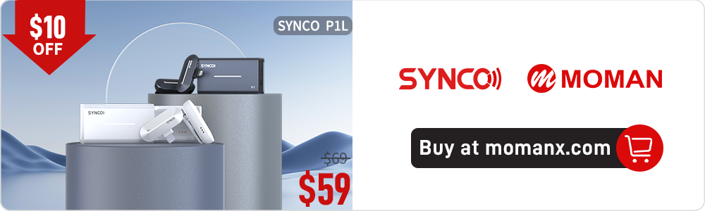 SYNCO P1L wireless mini microphone for iPhone consists of a transmitter, a receiver with Lightning connector, and a charging case.