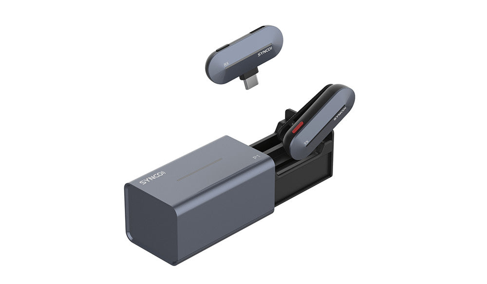 SYNCO P1 Lightning or Type-C wireless microphone consists of a transmitter, a receiver, and a charging case.