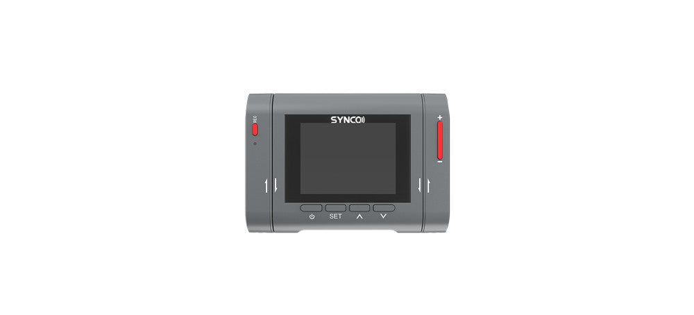 El micrófono inalámbrico SYNCO G3 para grabación de teléfono lleva una pantalla de visualización y 4 botones para ajustar la configuración.