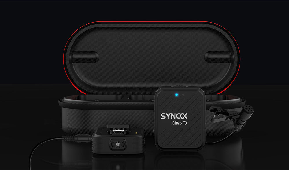 SYNCO G1 Pro best wireless microphone for yoga teachers consists of a TX, an RX, and a storage & charging case.