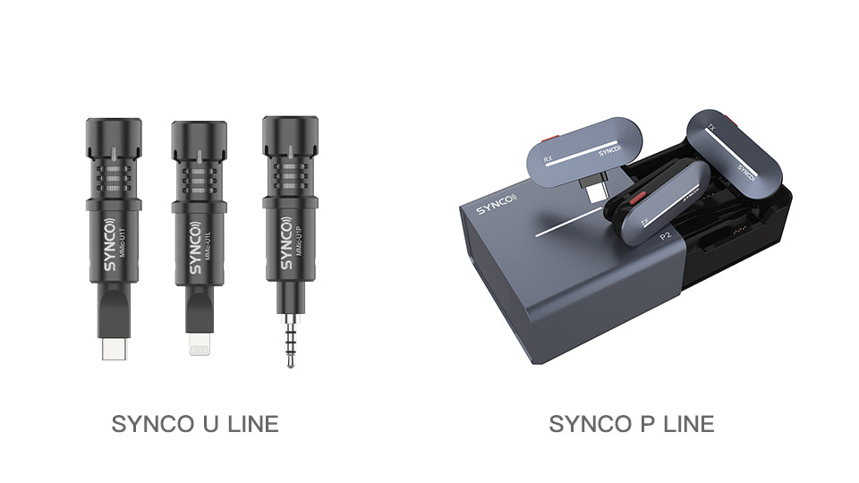 SYNCO ofrece dos tipos de mini micrófonos para móviles. Uno es la línea U enchufable y el otro es la línea P inalámbrica.