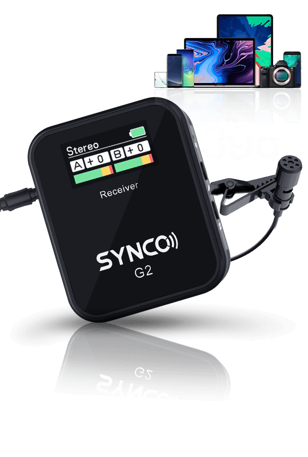 SYNCO G2(A2) transmitters and receiver each weighs 39g. It can also capture sounds with external lav mic.