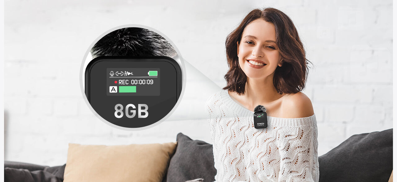 SYNCO G2 Mega features onboard recording with 8GB internal storage.