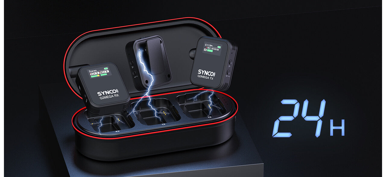 SYNCO G2 Mega wireless microphone for filmmaking can work for 24 hours with the charging case.