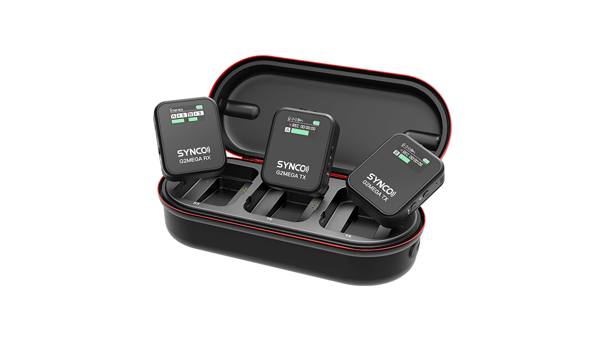 SYNCO G2 Mega 1-trigger-2 version includes two transmitters, a receiver, and a charging case.