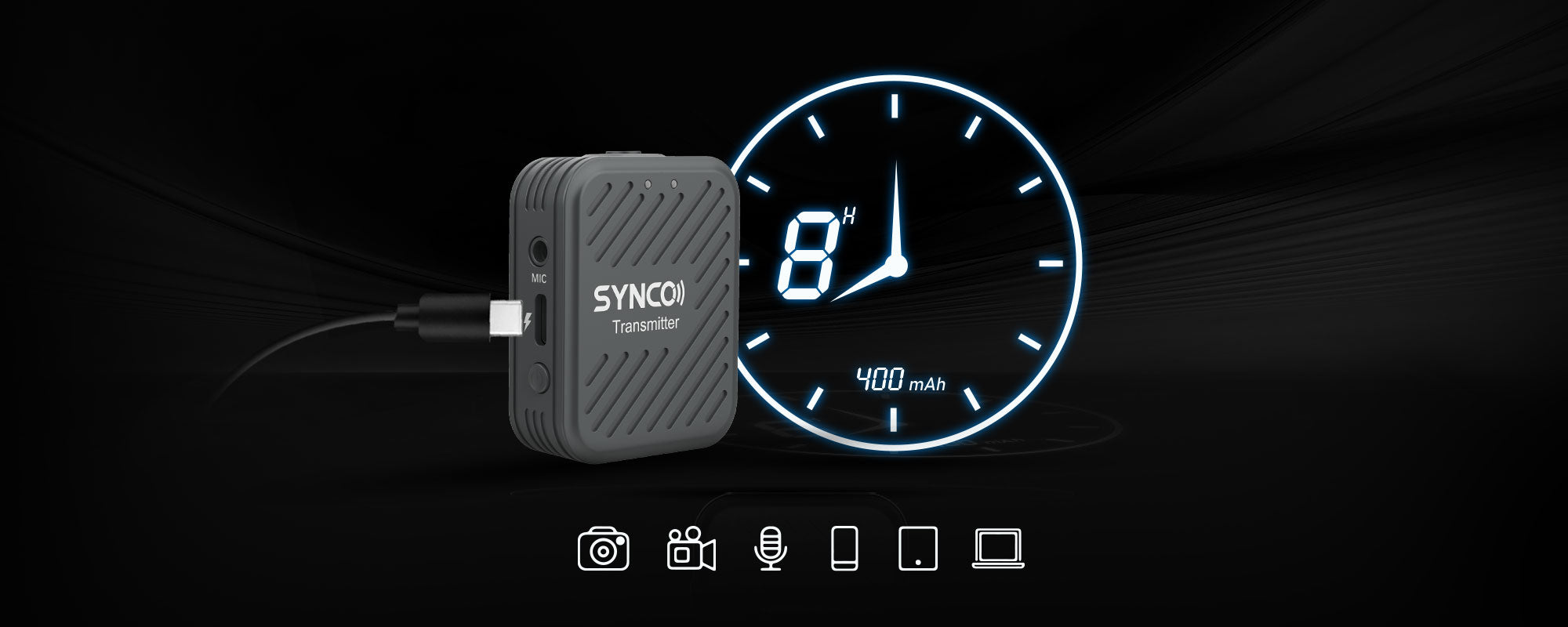 SYNCO G1(A2) rechargeable wireless microphone system is compatible with cameras and mobile devices. It supports recording of 8 hours with 400mAh battery.