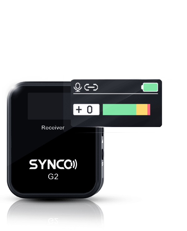 SYNCO G2(A1) portable wireless microphone receiver and transmitter carries TFT display to show the settings and battery status.