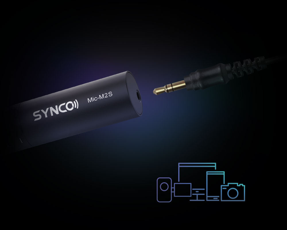 SYNCO M2S is compatible with cameras, computers, and mobile phones with the included TRS/TRRS cable.