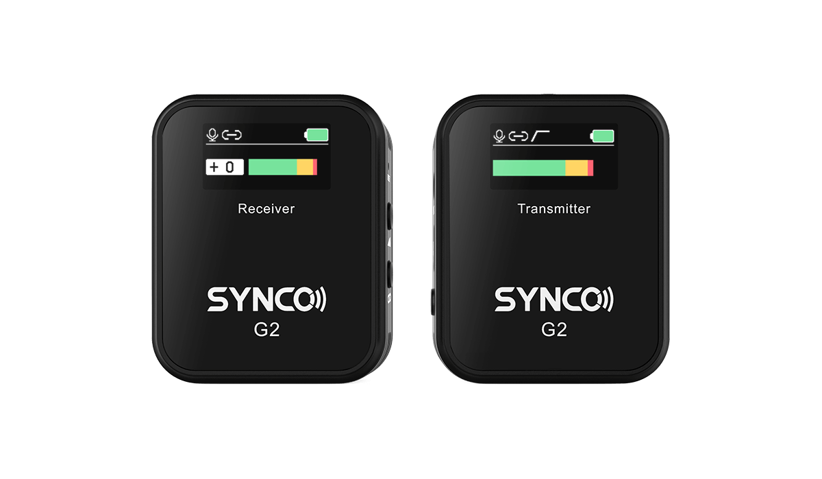 SYNCO G2(A1) wireless lavalier microphone for DSLR consists of one transmitter and one receiver. Each caries a TFT display screen.