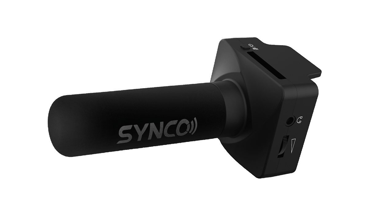 SYNCO U3 phone microphone for recording features gain control dial and monitoring jack on the body.