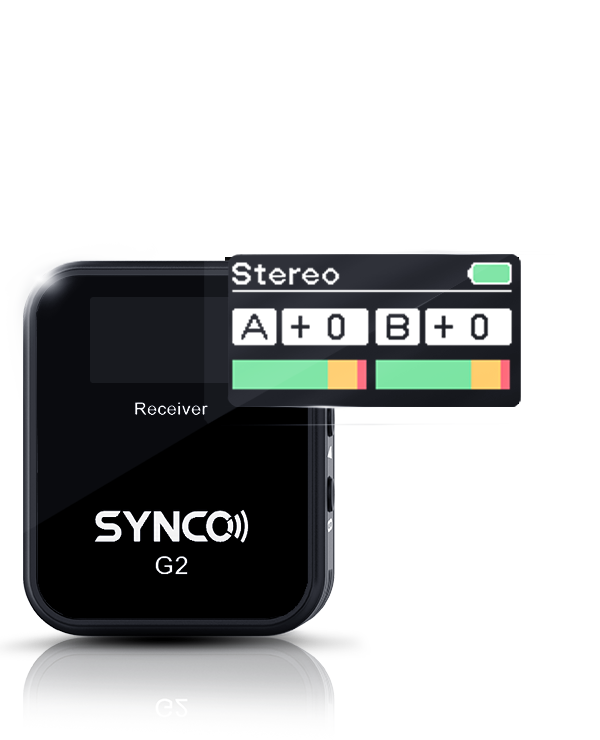 SYNCO G2(A2) has two wireless microphones on one channel. It carries TFT screen to show recording mode, battery status, and gain level.