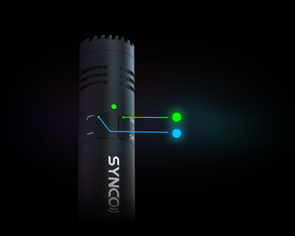 SYNCO M2S LED indicator turns green when the mic is on while turns blue when switching on the high-pass filter.