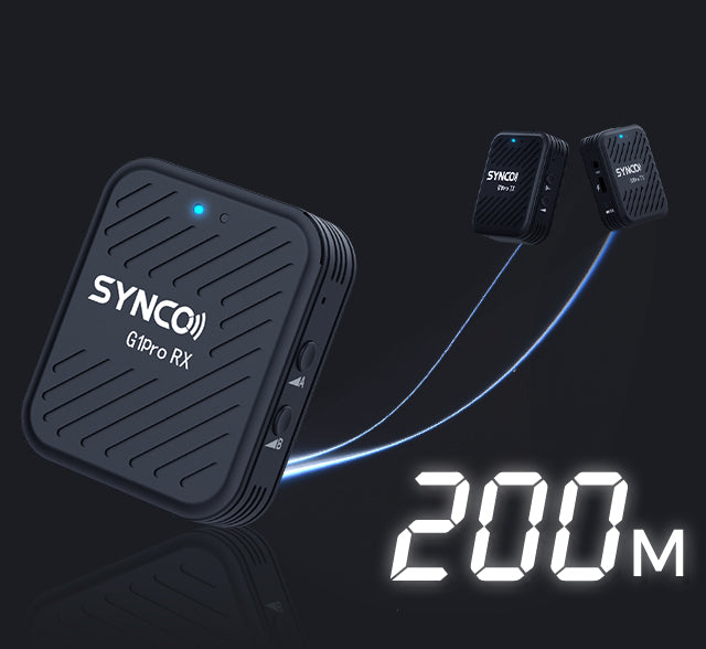 SYNCO G1 Pro tie-clip lavalier wireless mic supports 200m signal transmission between the transmitter and receiver.