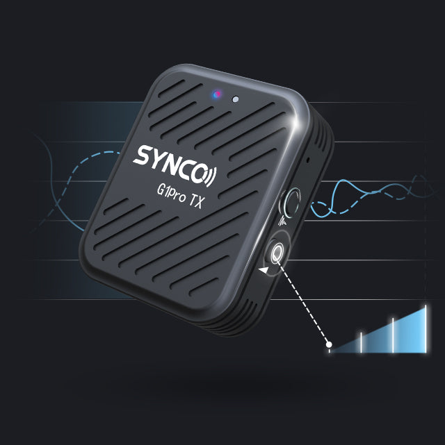 SYNCO G1 Pro transmitter features a button for noise reduction.