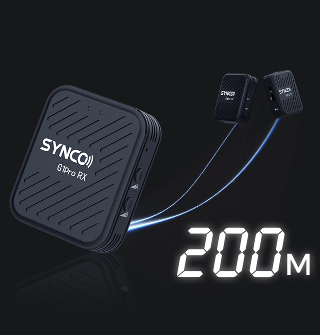 SYNCO G1 Pro wireless microphone for filmmaking supports 200m signal transmission between the transmitter and receiver.