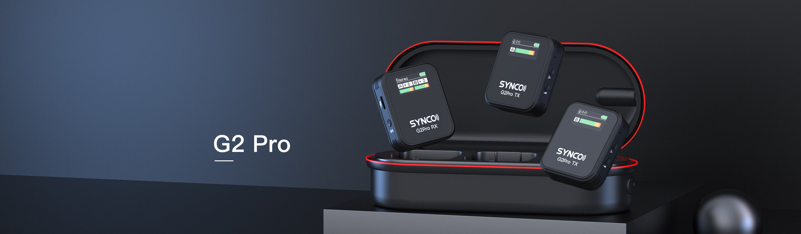 SYNCO G2 Pro long range wireless microphone includes two transmitters, a receiver, and a carrying & charging box.