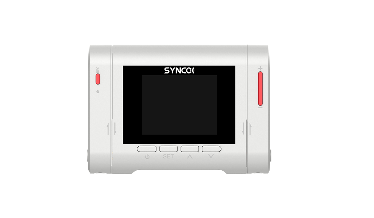 SYNCO G3 in white color has two mini transmitters and a receiver carrying a display screen.