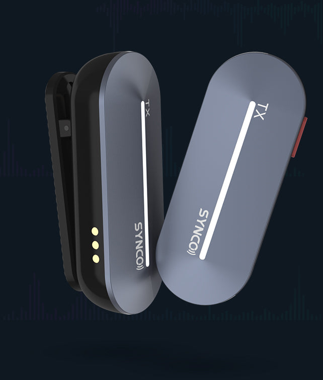 SYNCO P2 dual wireless microphone for iPhone and Android has a clip on the back of each transmitter and a light strip on the front.