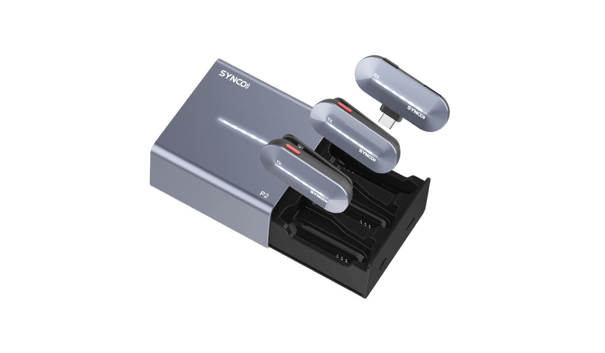 SYNCO P2S has two transmitters, a receiver, and a charging case.