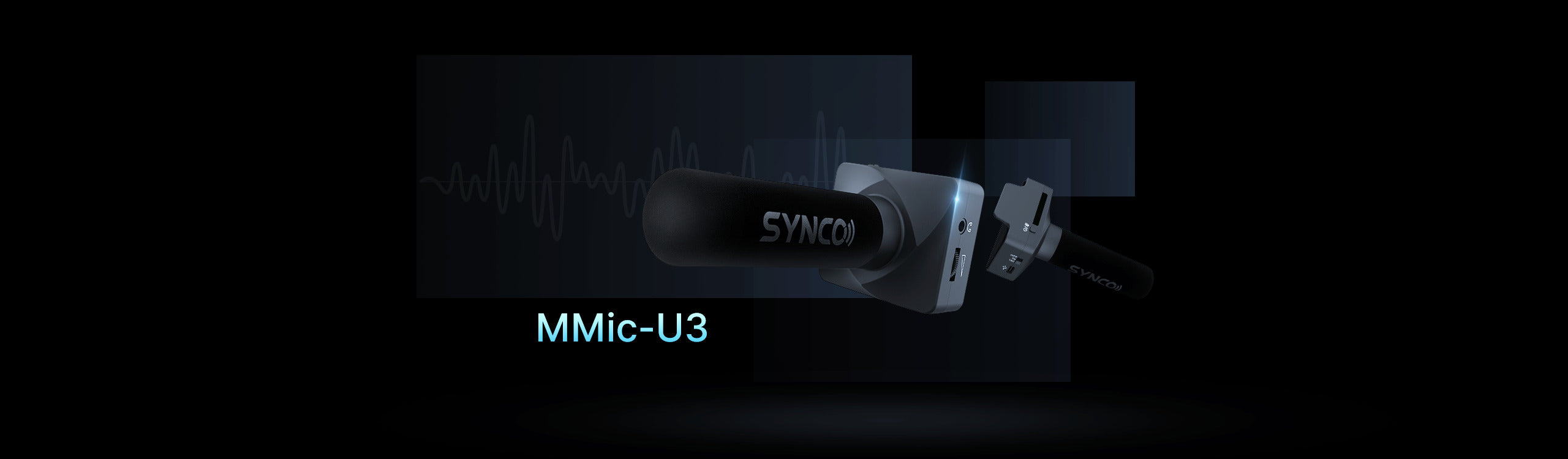 SYNCO U3 directional microphone for iPhone features a headphone jack and a volume adjustment dial.