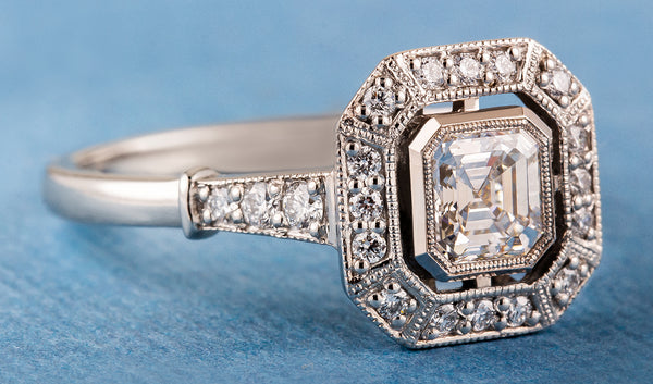 Diamond halo asscher engagement ring art deco style