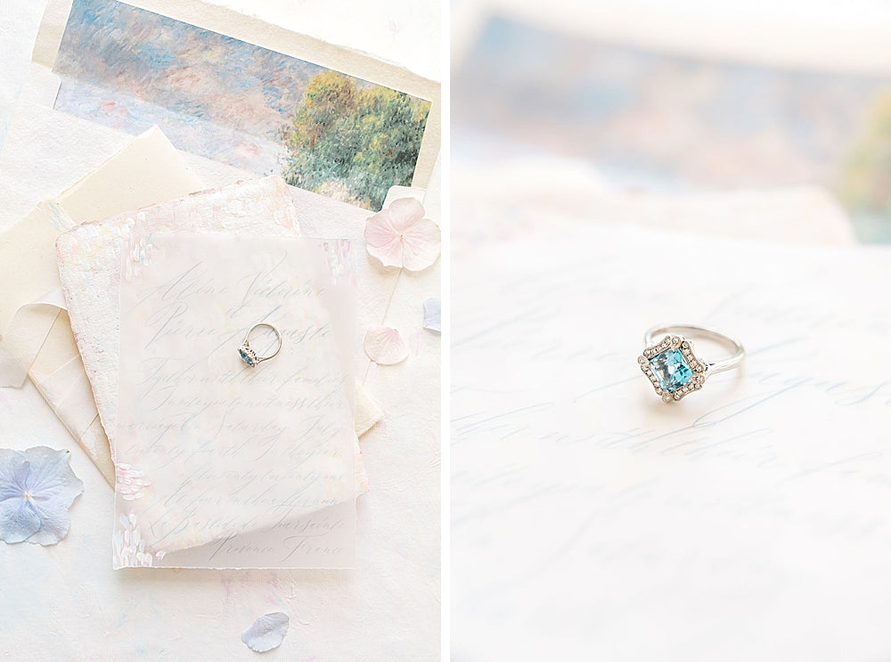 Art Deco square aquamarine and diamond cluster engagement ring