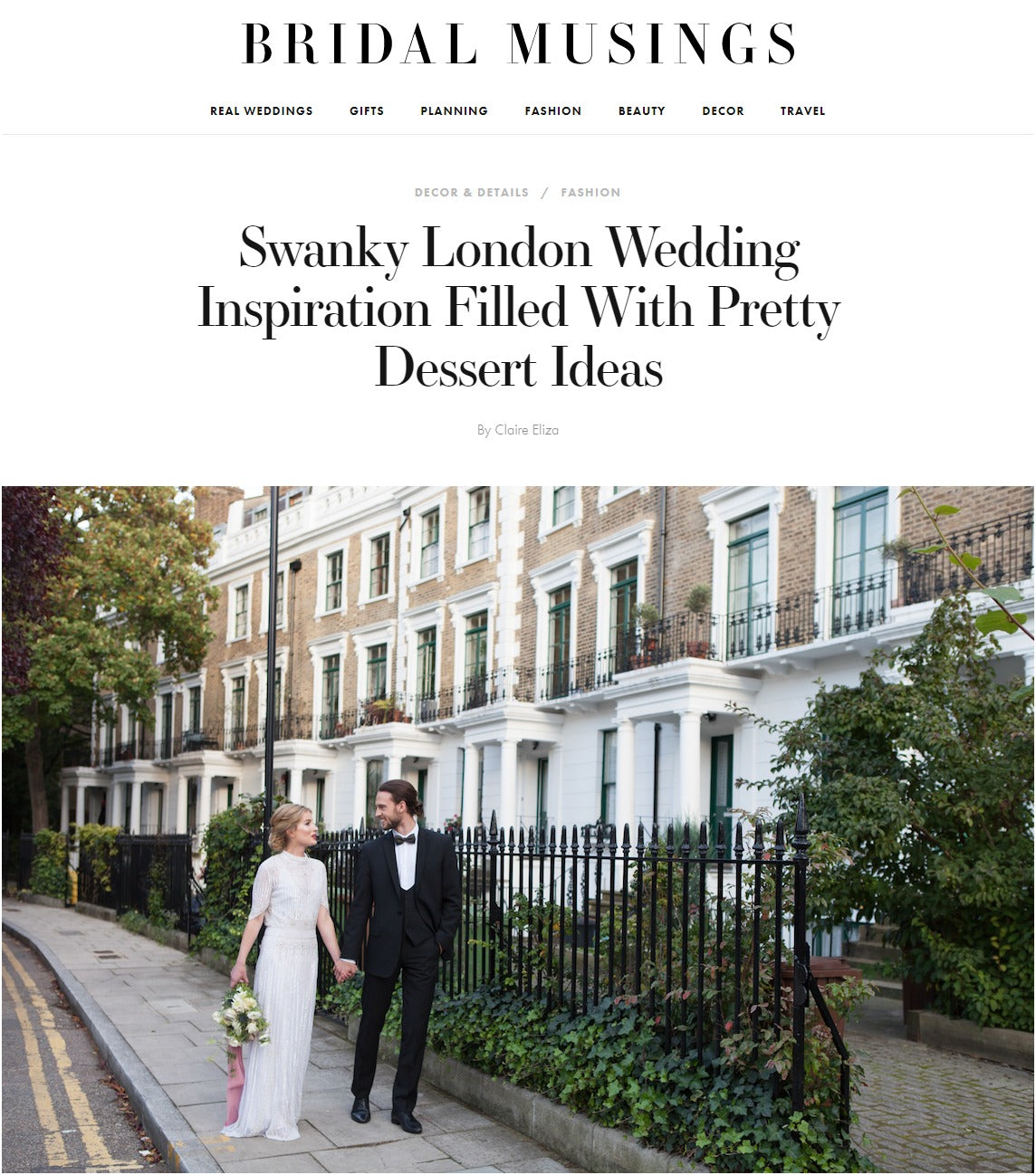 Bride and groom walk fancy London street smiling and holding hands