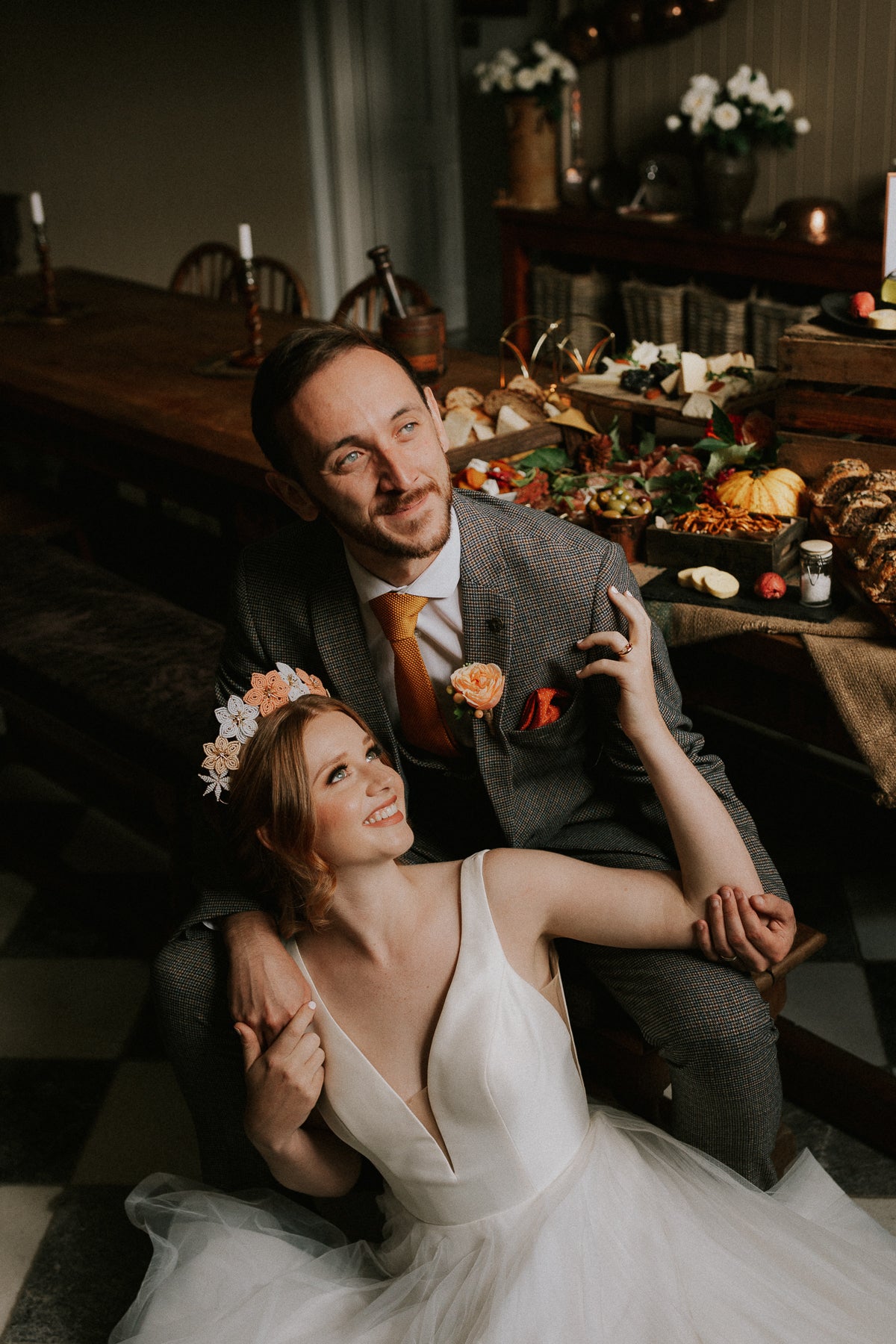 Autumn forest theme wedding in Yorkshire with gold bridal set