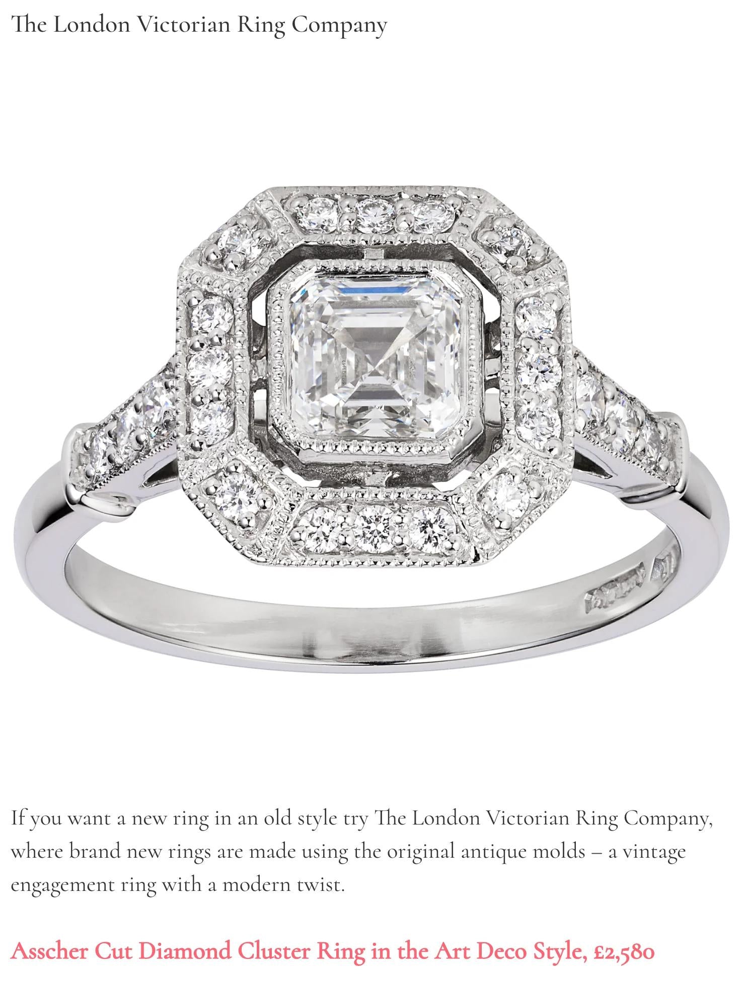 Asscher cut diamond cluster engagement ring in Art Deco style