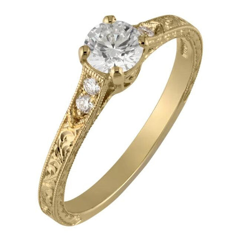 Engraved diamond engagement ring in yellow gold
