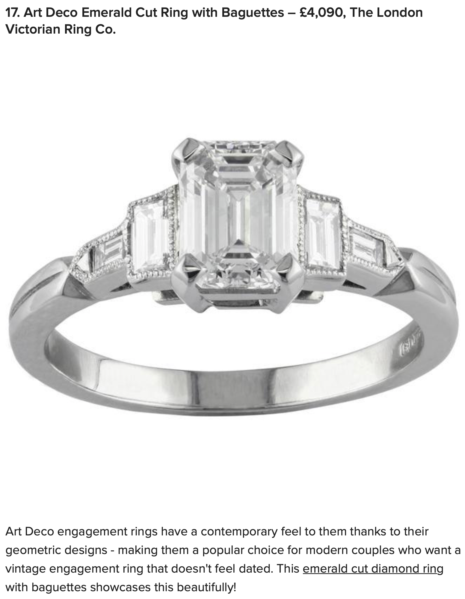 Art Deco emerald cut engagement ring with baguettes