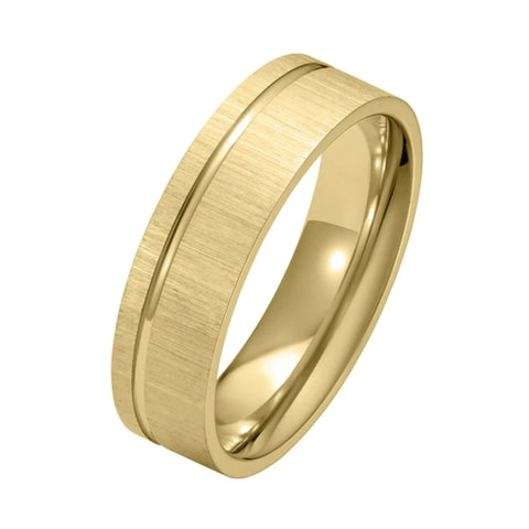 6mm Yellow Gold Men’s Wedding Ring with Vertical Brushed Finish and Off-Centre Groove