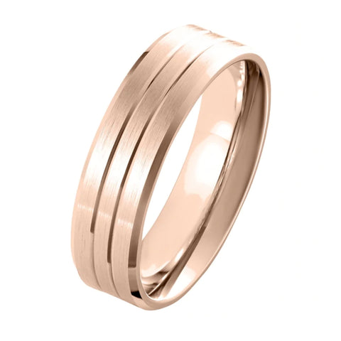 6mm Brushed Finish Ring in Rose Gold with Bevelled Edges and Grooves - Types of Men's Wedding Bands / Rings