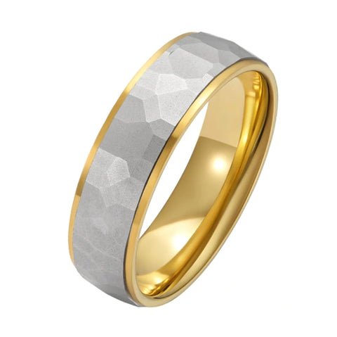 6mm Hammered Platinum Wedding Band with Yellow Gold Borders