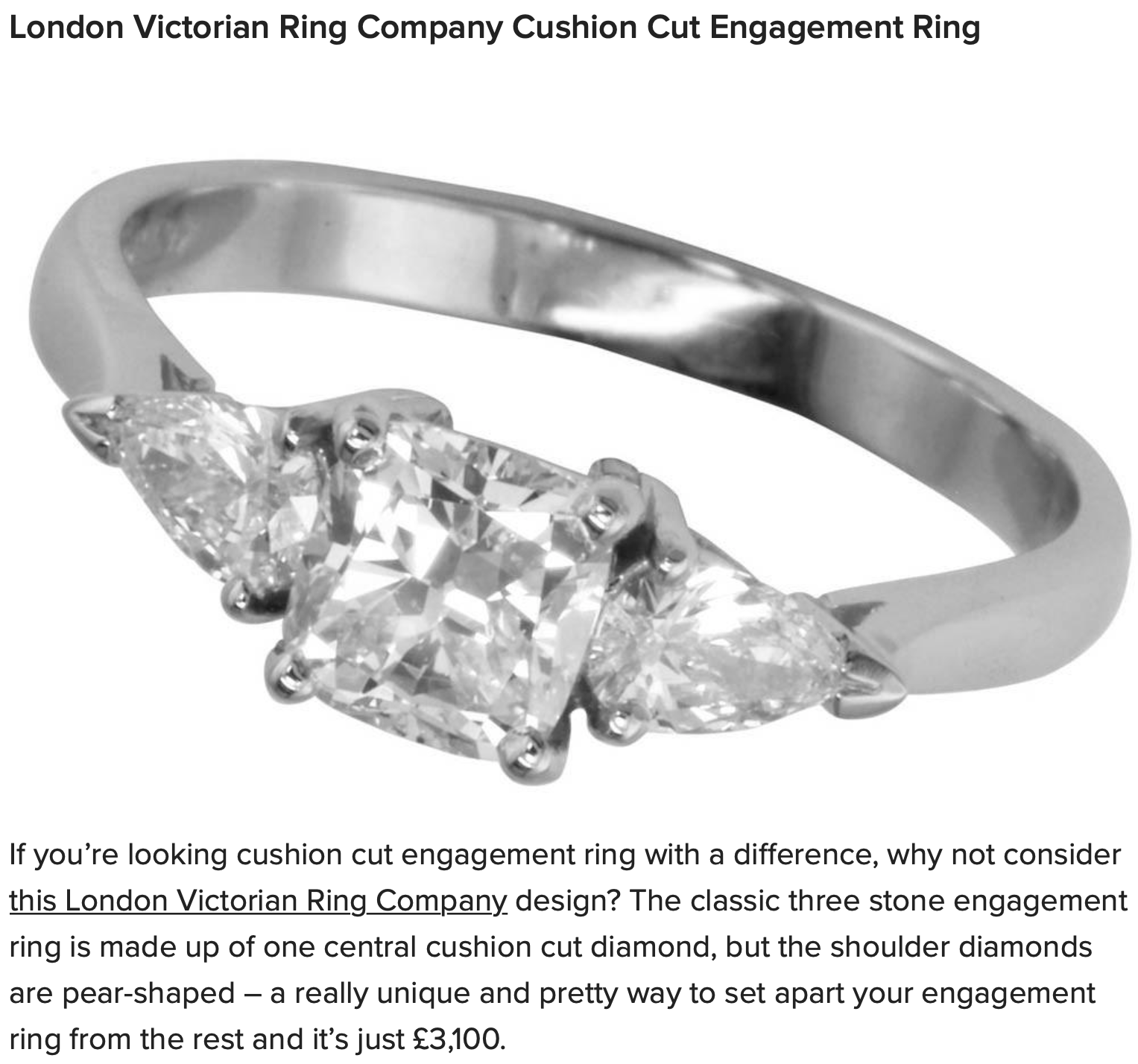 Engagement ring with cushion cut and pear shaped diamonds