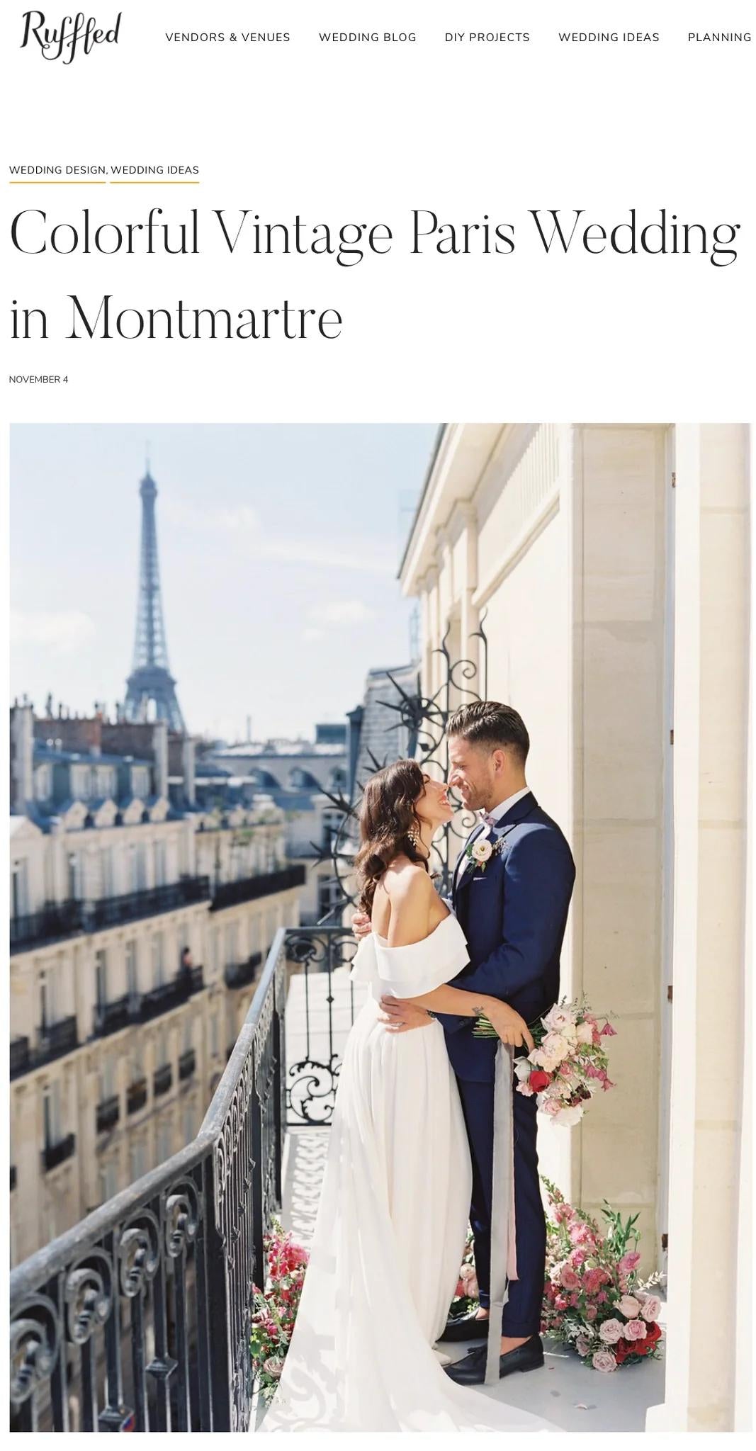 Bride and groom on French balcony with Eiffel Tower in the background