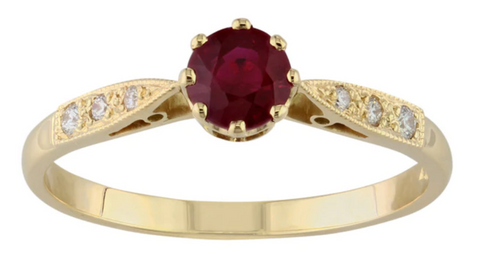 Vintage Style Ruby and Diamond Engagement Ring in Yellow Gold