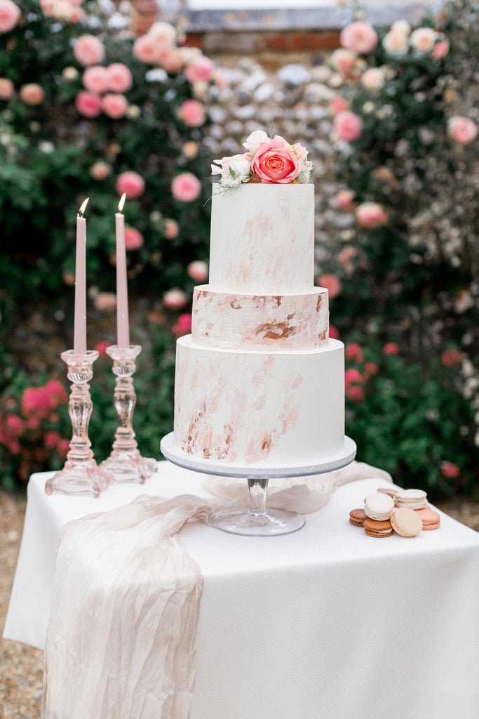 Pink and White Wedding Cake with Roses