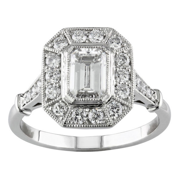 Halo cluster emerald cut diamond ring
