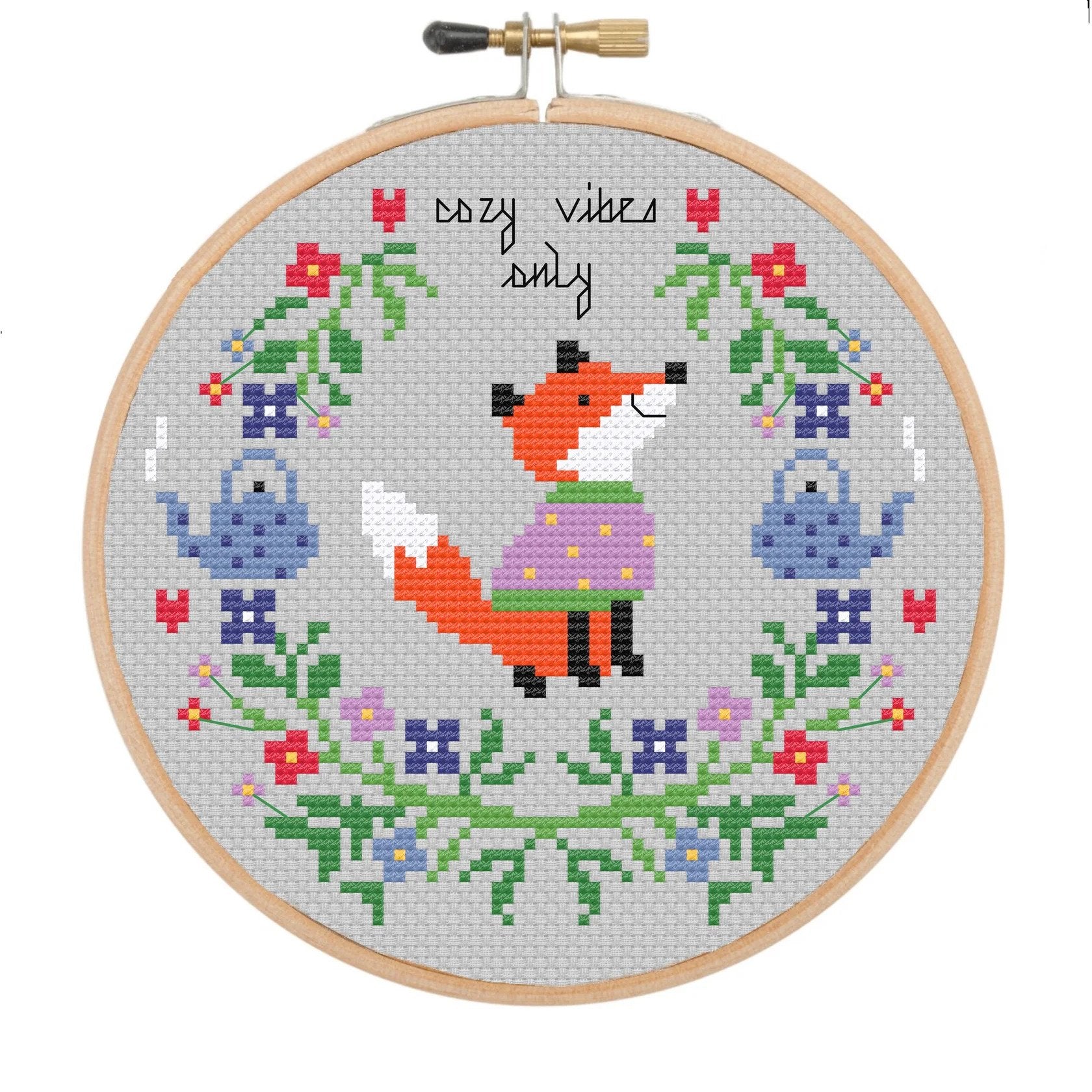 "Cozy vibes only" fox and flowers cross stitch