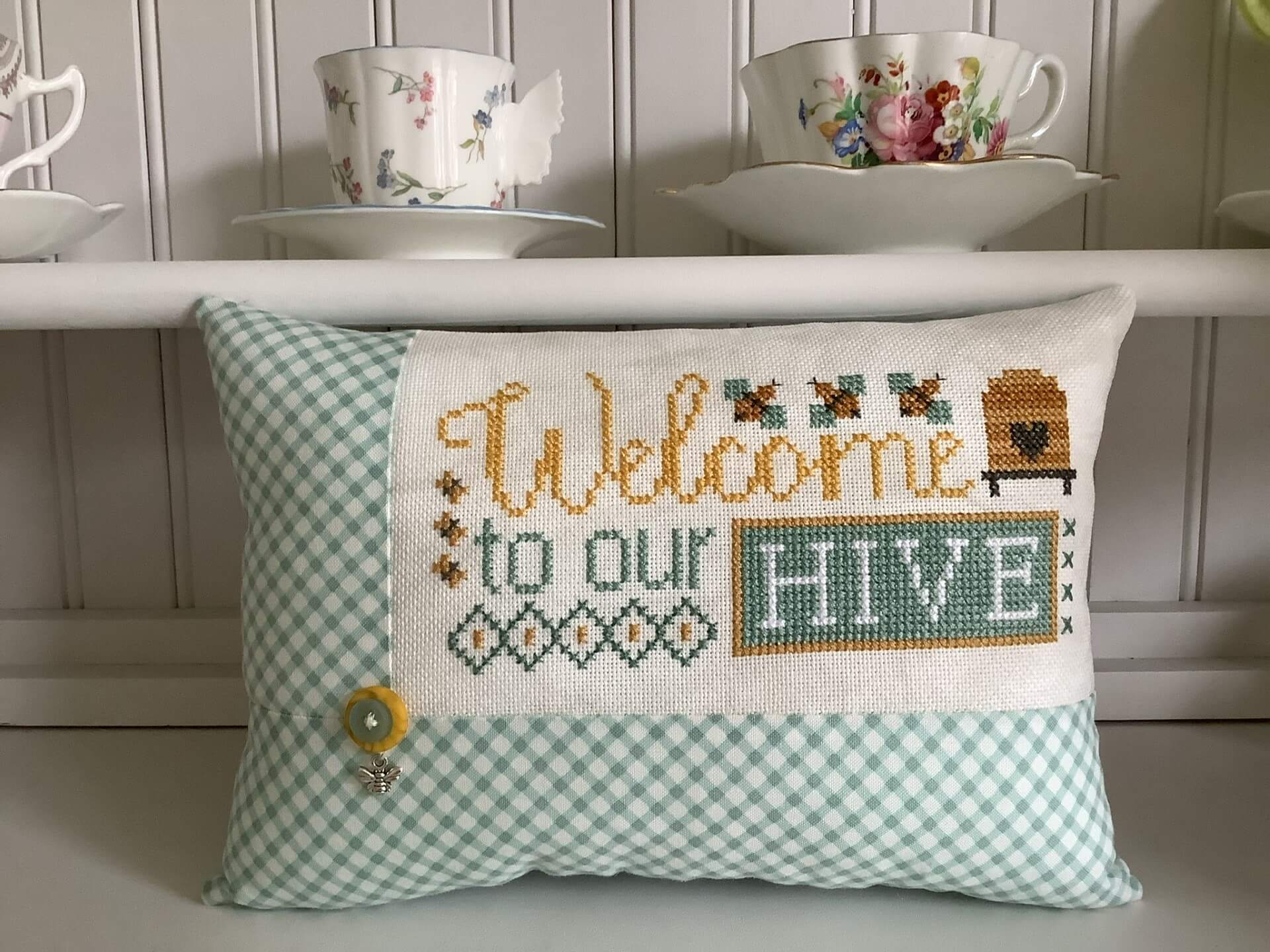 "Welcome to our Hive" cross stitch cushion