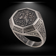 Sterling silver 925 Saint George slaying the dragon religious men's ring