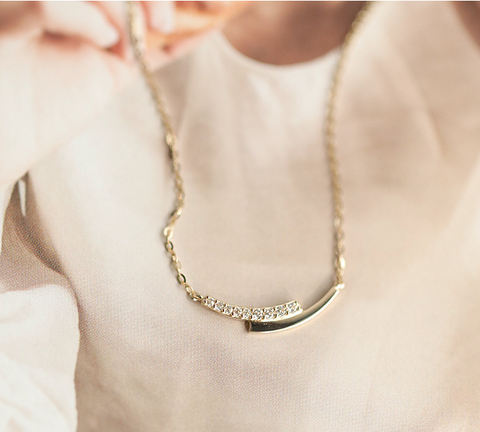 Sterling Silver Gold Plated Silver Diamante Mini Curve Necklace Luxury