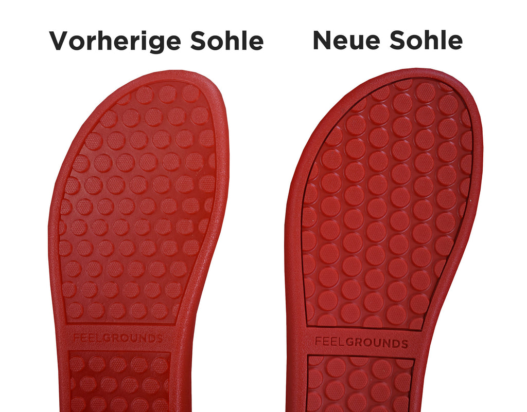 Vergleich zweier roter Schuhsohlen der Barfußschuh-Marke Feelgrounds