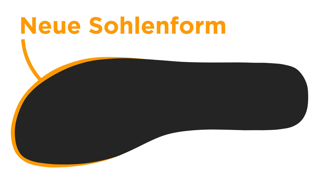 Alter Sohlenumriss der Feelgrounds Barfußschuhe in schwarz über dem neuen Sohlenumriss in orange