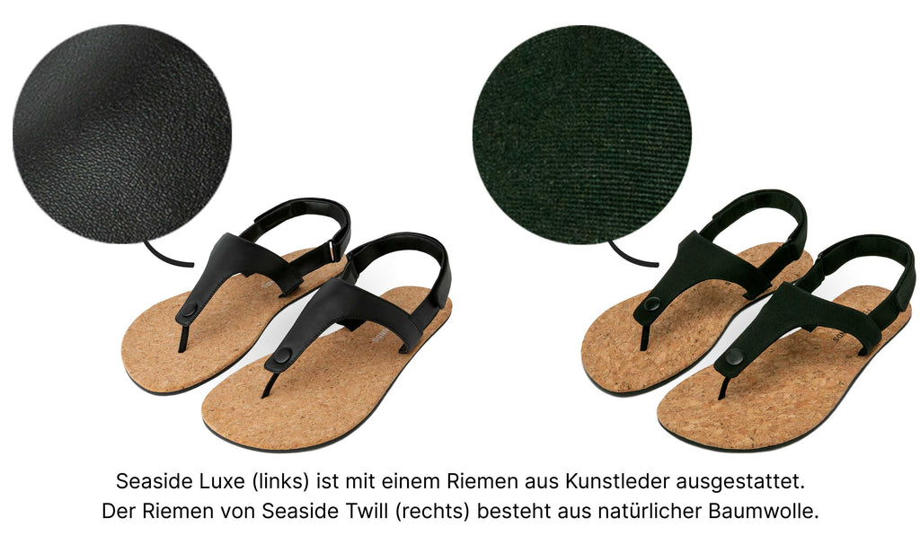 Zwei Paar Seaside Barfußsandalen der Marke Feelgrounds in schwarz mit Zoom auf das Riemenmaterial