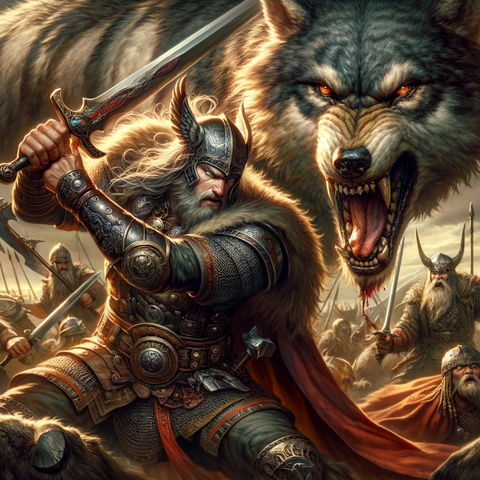 Fenrir qui combat Vidar lors du Ragnarok, la fin du monde scandinave