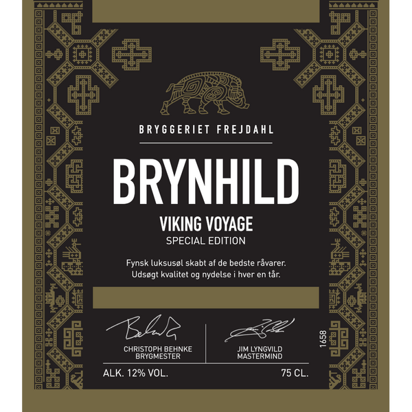 Frontetiket på Brynhild fra Bryggeriet Frejdahl. En prisvindende, varm og gylden IPA med smagsnuancer fra grape, papaya og blåbær.