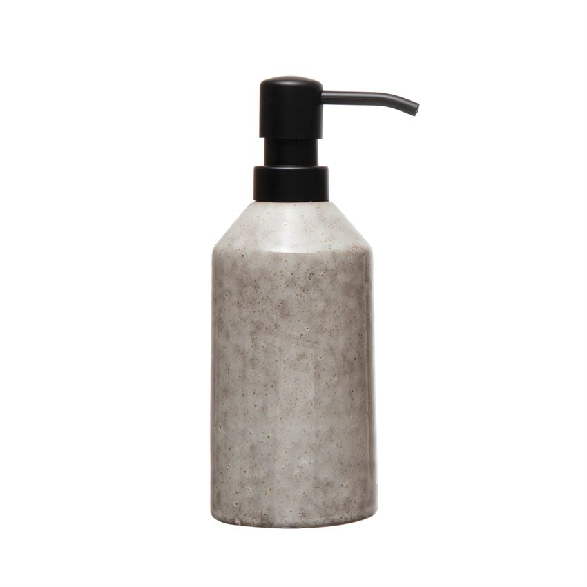 Add this Stoneware Soap Dispenser with Pump in a Reactive Glaze, Cream Color finish to your bathroom or kitchen and add a touch of Boho to your décor.- Each Dispenser Varies