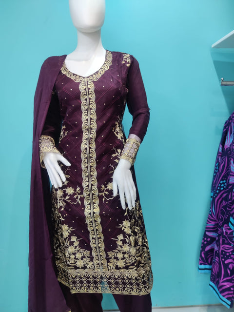 Purple Linen & Organza Shalwar Kameez 3PC Pakistani suit SS3047